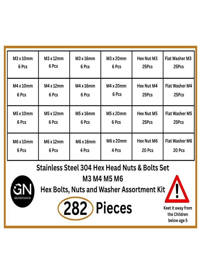 GENERASIS Nuts and Bolts Set | Metric Size M3 M4 M5 M6 | 304 Stainless Steel Hex Bolts, Nuts & Washers Assortment Kit with Storage Box (282 Pieces Regular Kit) - Image 2